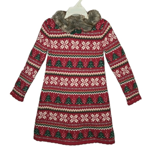 Tommy Bahama Other - Tommy Bahama 4T Girls Sweater Dress Fair Isle Knit Christmas Faux Fur Collar